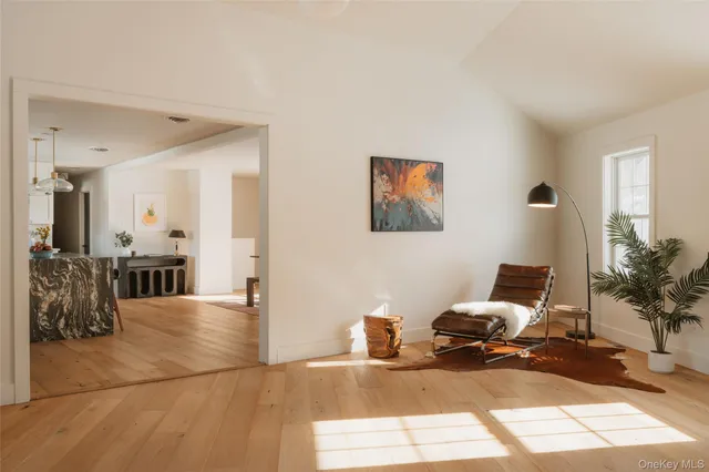 a living room with furniture a dining table and a potted plant