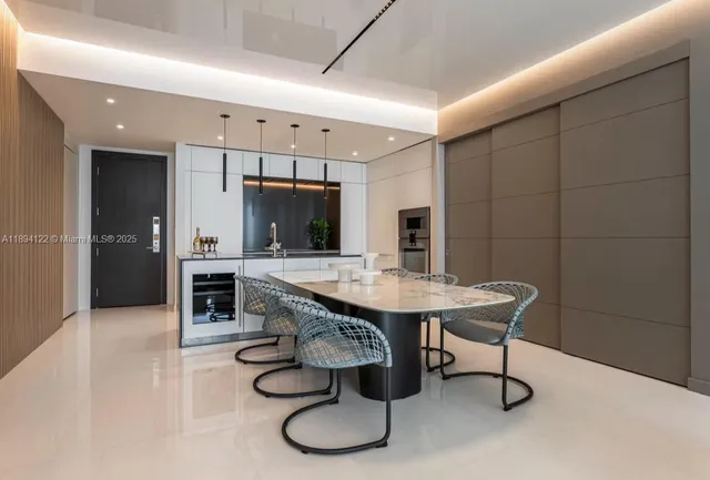 a view of a dining room with furniture