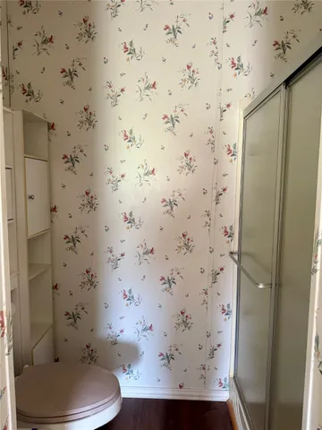 a bathroom with a toilet and a shower curtain