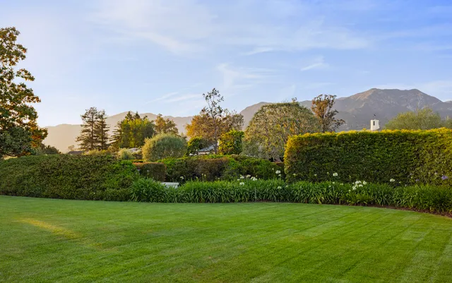 a view of a grassy field with mountains in the background