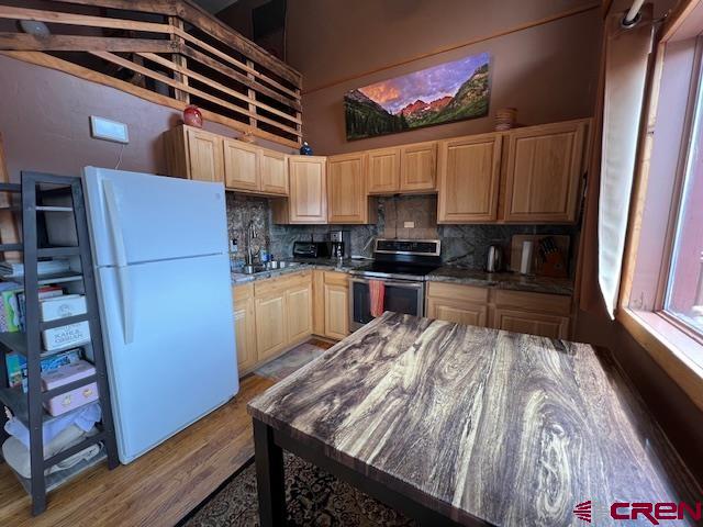 31 Castle Road, Unit 5 Crested Butte, CO 81225 - Photo 14 of 24 a kitchen with stainless steel appliances wooden floors and wooden cabinets