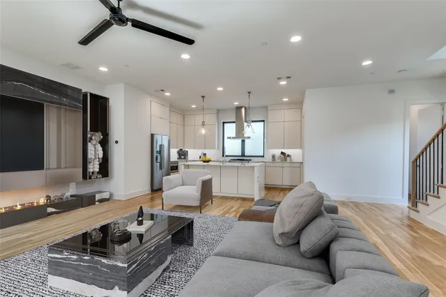 a living room with furniture and a table