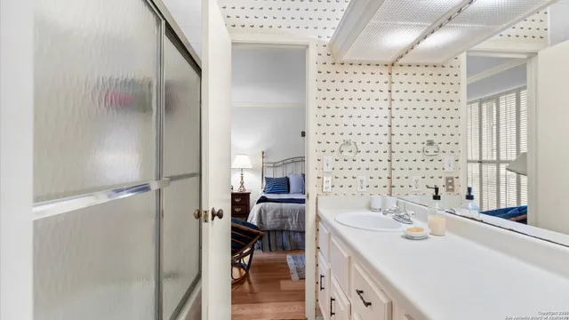 a bathroom with a sink a mirror and a shower