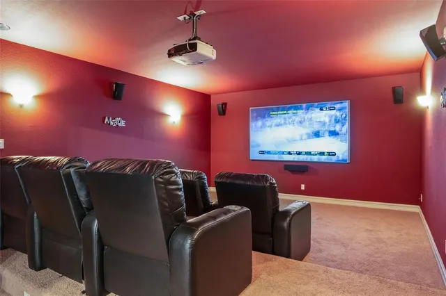 a projector room with furniture and screen