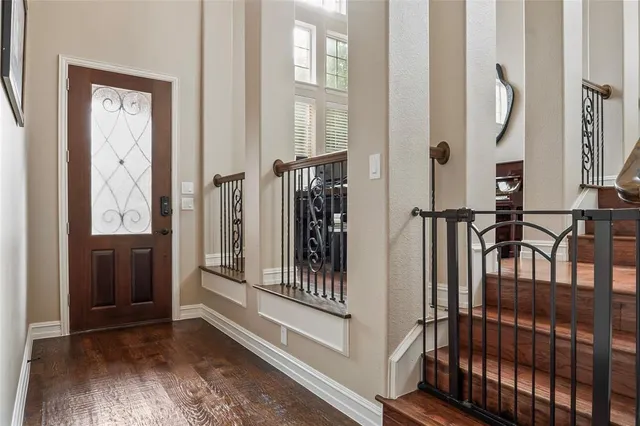 a view of an entryway with wooden floor and door