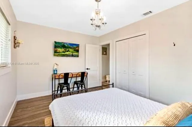 a bedroom with a bed and a table in it