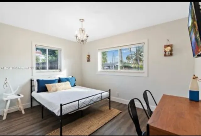 a bedroom with a bed and a table