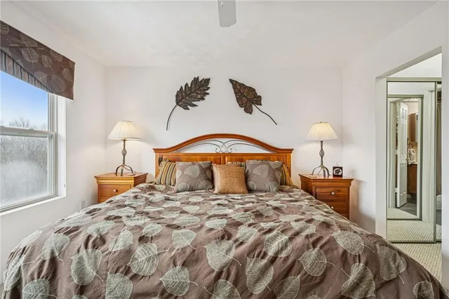 a bedroom with a large bed and a window