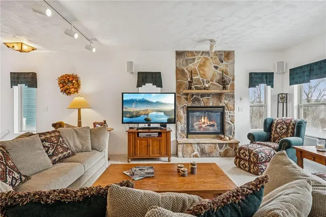 a living room with furniture or couch and a fireplace