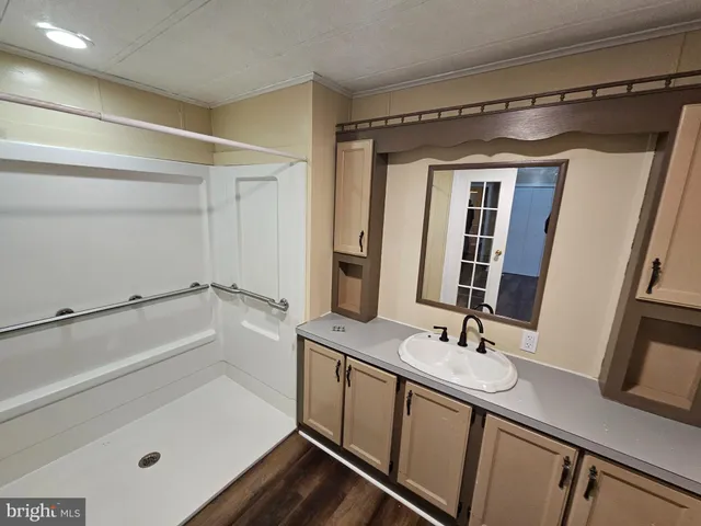 a bathroom with a sink a mirror and a shower