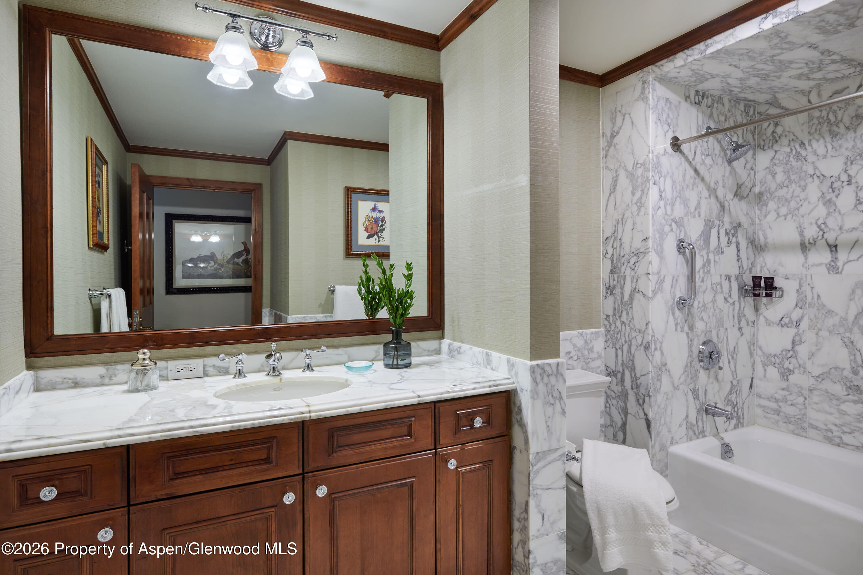 75 Prospector Road, Unit 82081 Aspen, CO 81611 - Photo 14 of 14 a bathroom with a sink a large mirror and a bathtub