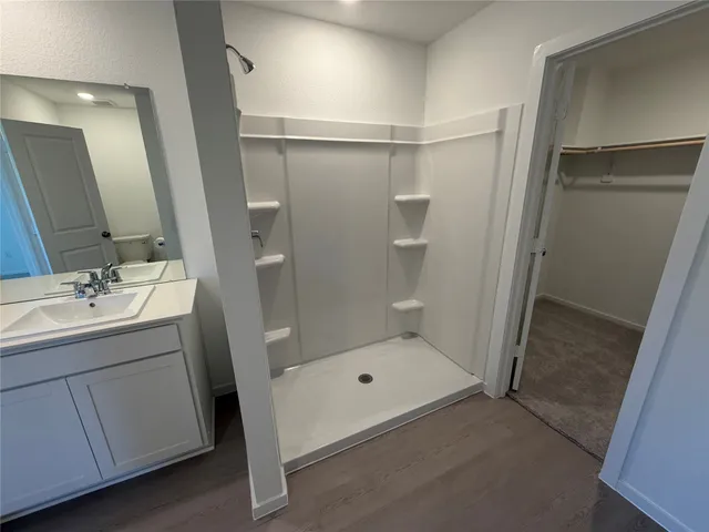 a bathroom with a shower sink vanity and mirror