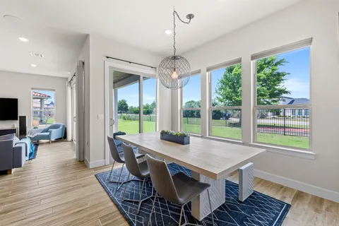 a view of a dining room with furniture window and outside view