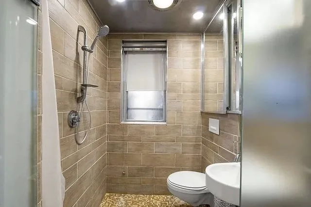 a bathroom with a toilet and a shower