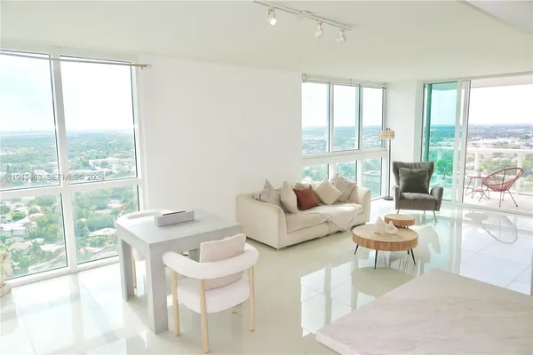 a living room with furniture and a large window