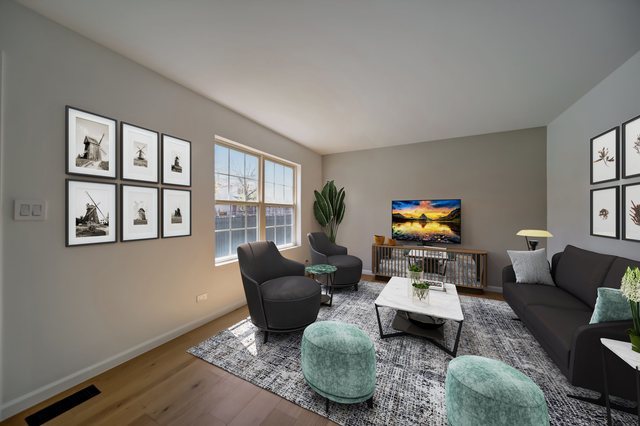 2414 West Harrison Street, Unit E Chicago, IL 60612 - Photo 2 of 37 a living room with furniture a flat screen tv and a window