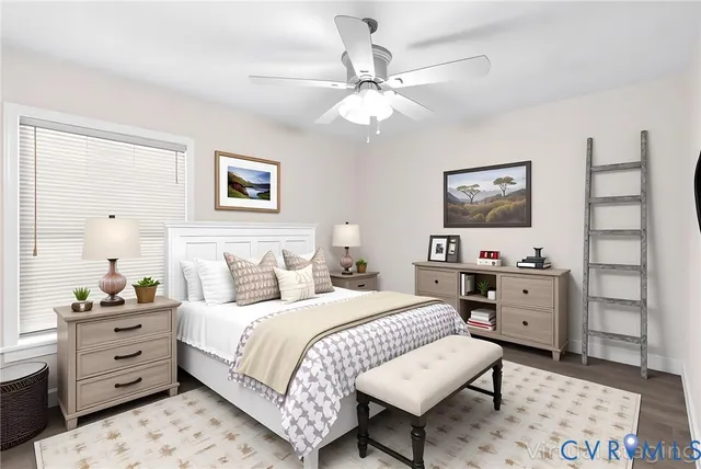 a bedroom with a bed and furniture