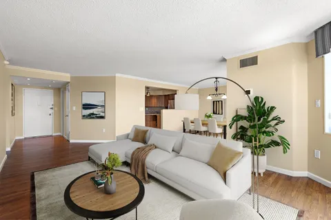 a living room with furniture a potted plant and a wooden floor