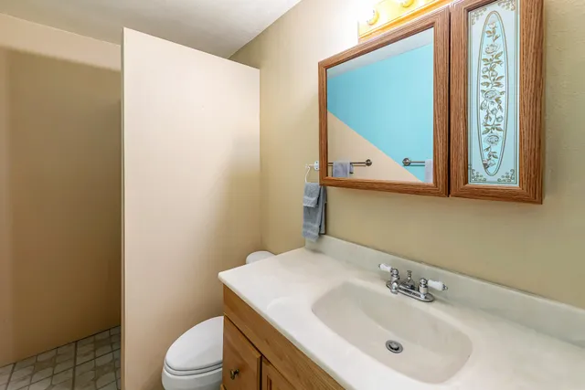 a bathroom with a sink a toilet and mirror