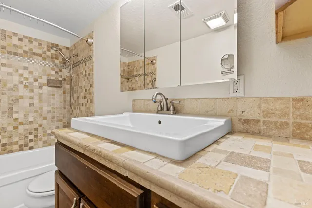 a bathroom with a sink a toilet and shower