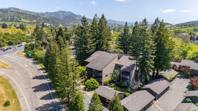 an aerial view of a house with a yard and mountain view in back