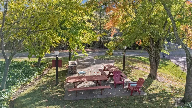 a view of a lake with a patio