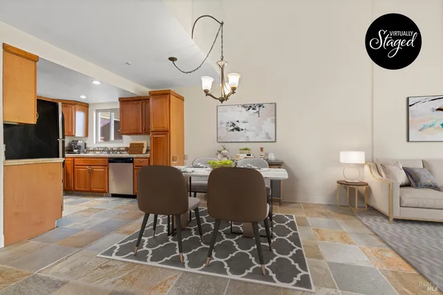a view of a dining room with furniture