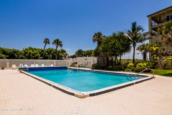 a view of a swimming pool with a yard and plants