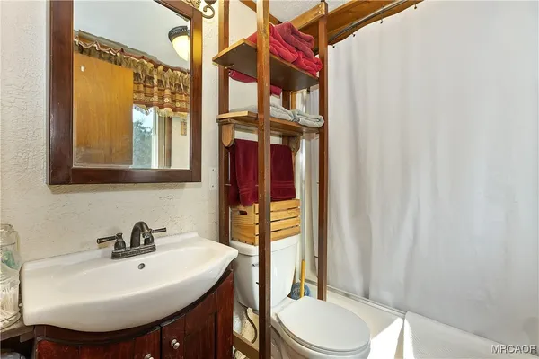 a bathroom with a sink a toilet and shower curtain