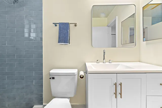 a bathroom with a sink a toilet and mirror