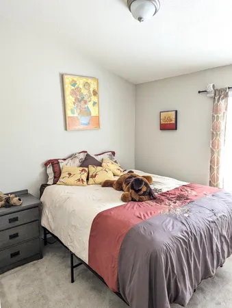 a bedroom with a bed and a window