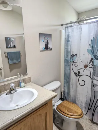 a bathroom with a sink a toilet a mirror and shower curtain