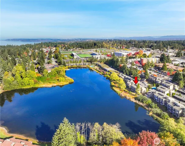 an aerial view of a house with swimming pool patio and lake view