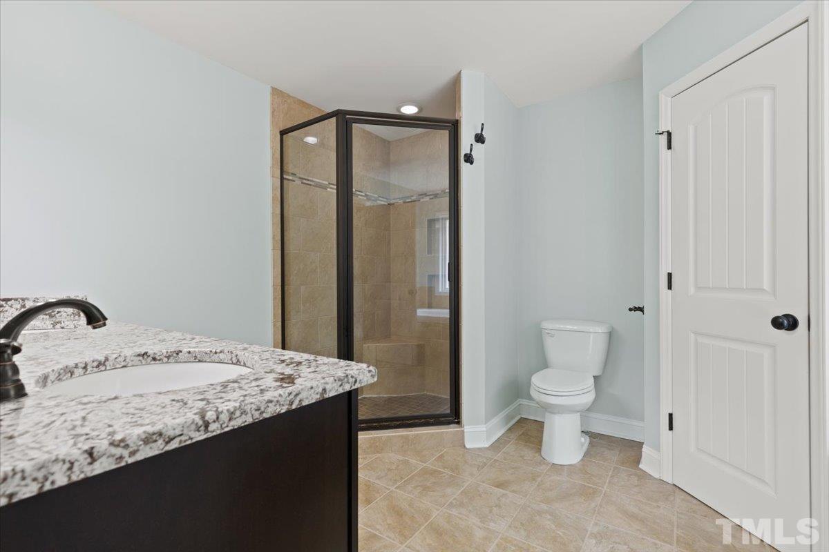 11208 Range Road Rougemont, NC 27572 - Photo 16 of 40 a bathroom with a granite countertop sink a toilet and a mirror