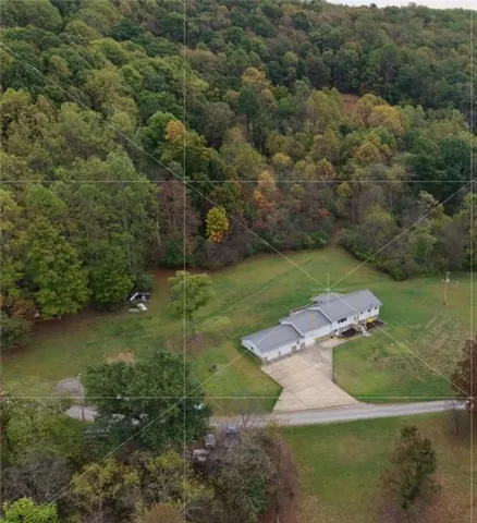 an aerial view of residential houses with outdoor space and trees