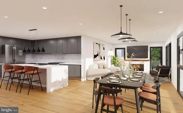 a view of a dining room with furniture wooden floor and chandelier