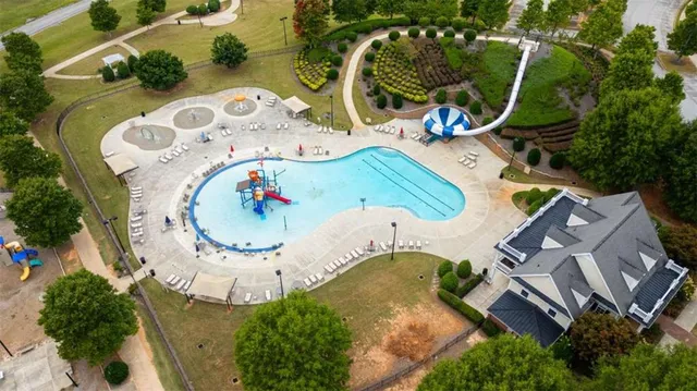 an aerial view of a swimming pool
