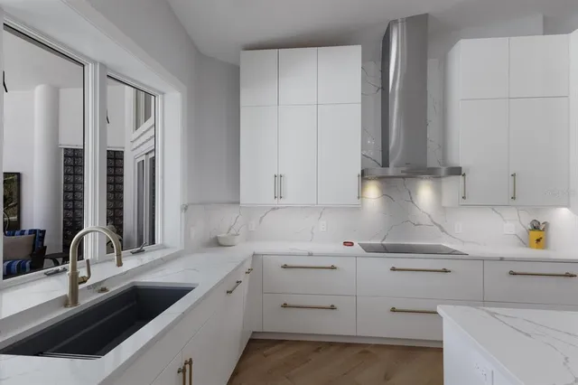 an aerial view of a house with outdoor space and lake view