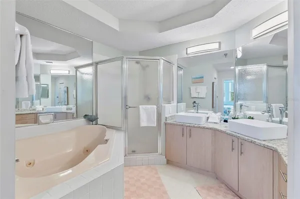 a bathroom with a tub a sink a mirror a shower and vanity