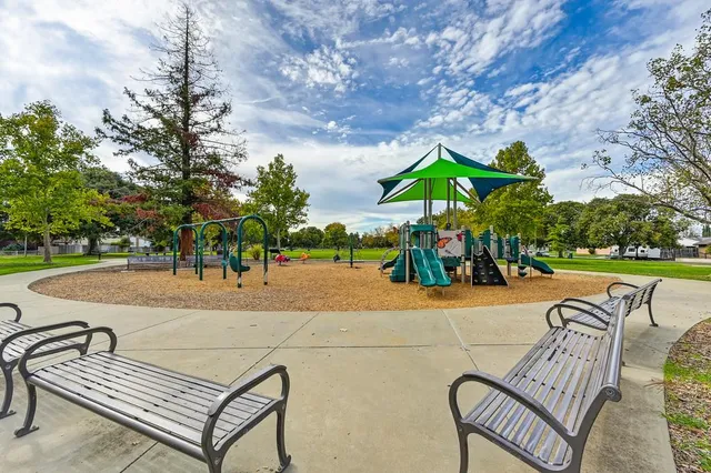 a green field with trees in the background