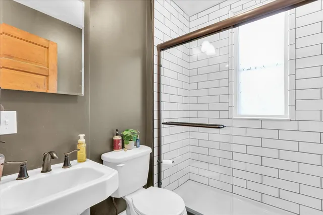 a bathroom with a sink mirror and toilet