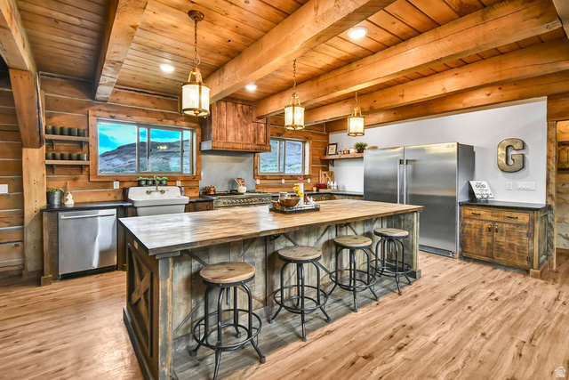 544 East 600 North, Unit 1 Joseph, UT 84739 - Photo 9 of 65 Rustic-inspired kitchen featuring a large wood-finish island, exposed wood ceiling beams, and wood-finish flooring