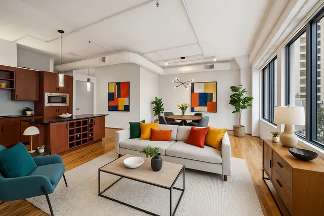 a living room with furniture ceiling fan and a window