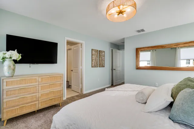 a bedroom with a bed and a television