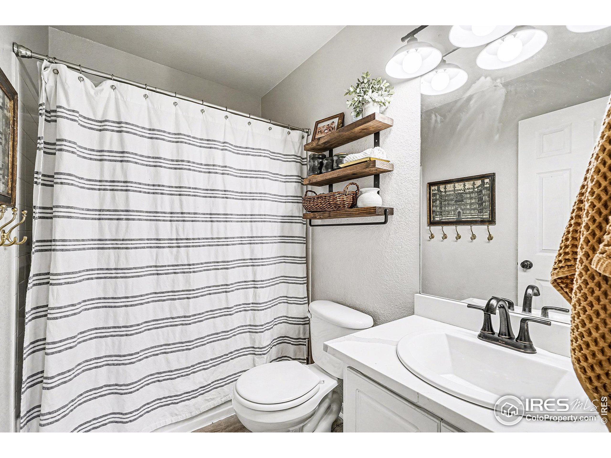 1244 Spring Creek Court Longmont, CO 80504 - Photo 24 of 32 a bathroom with a sink a toilet a mirror and shower curtain