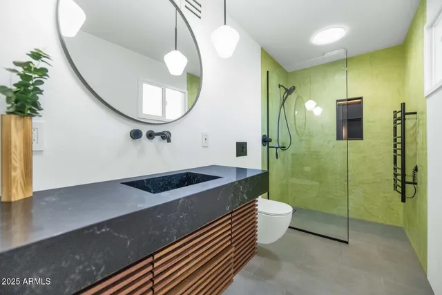 a bathroom with a sink a toilet and shower