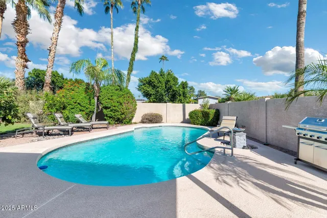 a view of a swimming pool with outdoor seating and plants