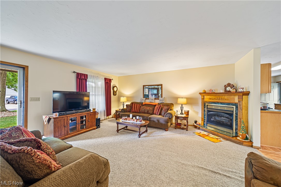 431 Ansel Road Geneva, OH 44041 - Photo 24 of 35 Living room featuring light carpet and a fireplace