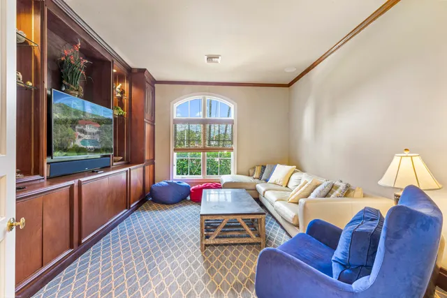 a view of a porch with wooden floor