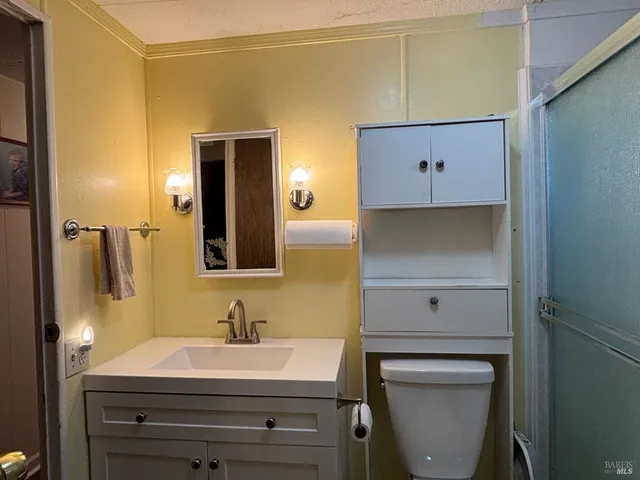 a bathroom with a sink a toilet and mirror